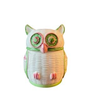 Vintage Ceramic Owl Lidded Jar Made in Japan by Sigma White Green Pink